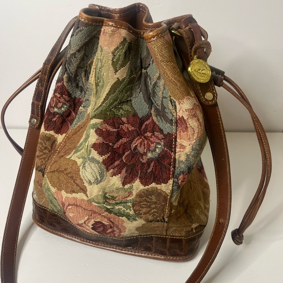 Brahmin Handbags - Vintage 90s Brahmin floral tapestry leather satchel bucket shoulder bag